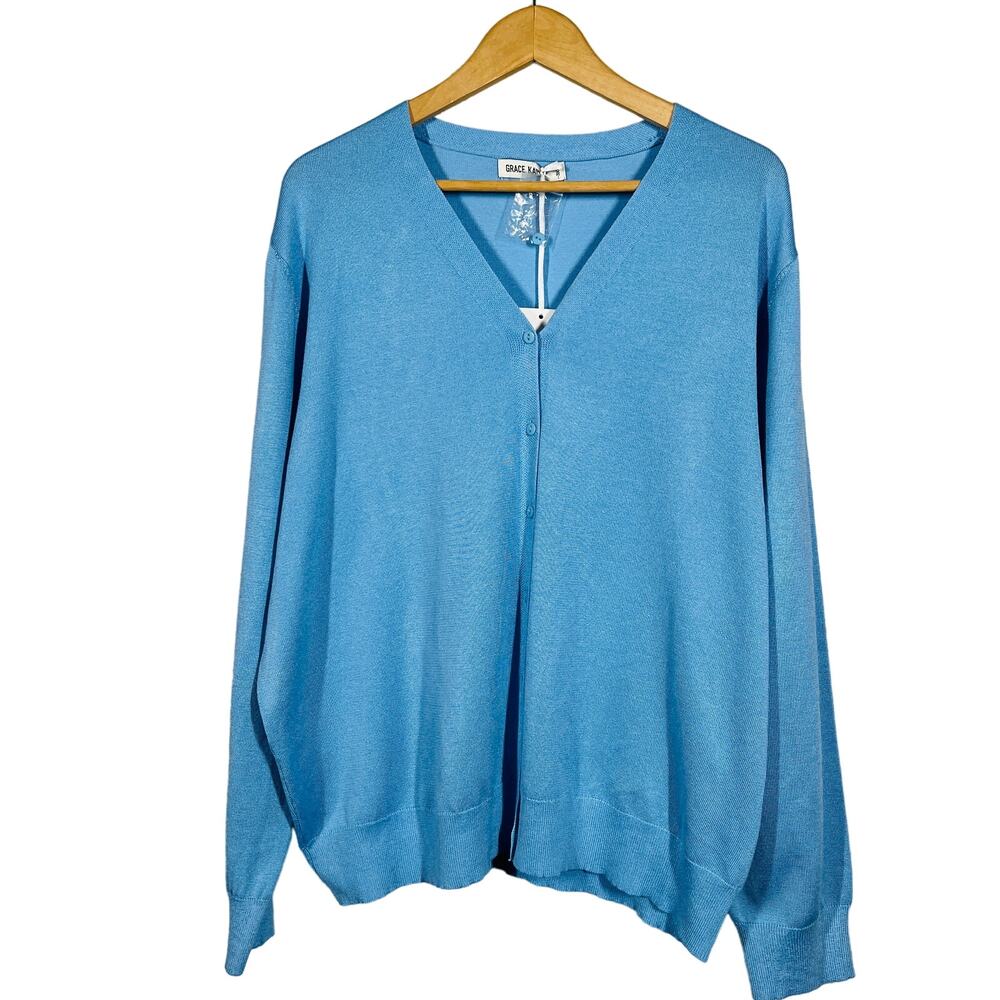 NEW! Grace Karin Button Front Academic Cardigan Granny Sweater Blue - 3XL